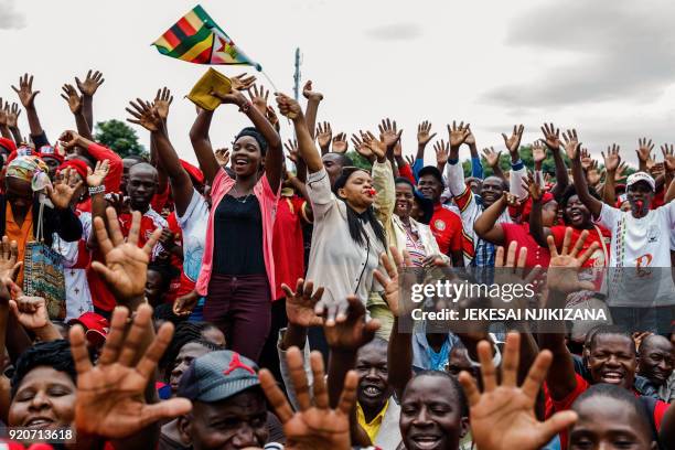 Supporters of the Movement for Democratic Change party take part in a gathering on February 19 at Freedom Square in Harare, to pay tribute to...