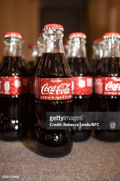 Coca Cola bottles are seen at the Sophia Webster presentation during London Fashion Week February 2018 at on February 19, 2018 in London, England.