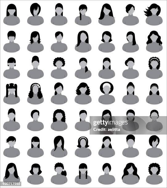 illustrazioni stock, clip art, cartoni animati e icone di tendenza di personaggi vettoriali - donne con acconciature diverse. set di 49 icone di persone vettoriali. - stile di capelli