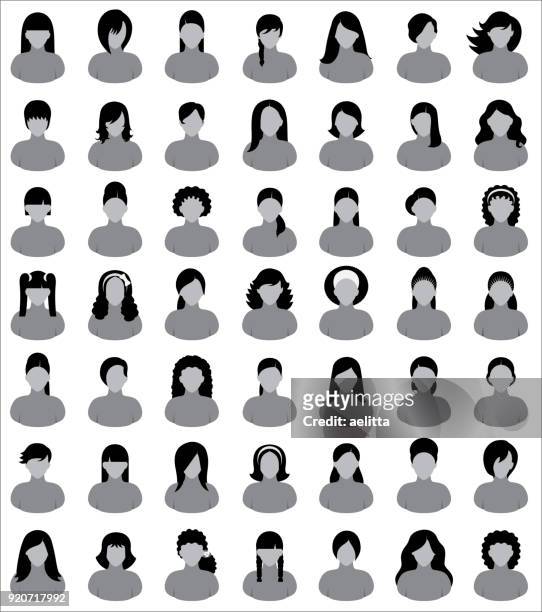 stockillustraties, clipart, cartoons en iconen met vector tekens - vrouwen met verschillende kapsels. instellen van negenenveertig-vector mensen iconen. - hairstyle