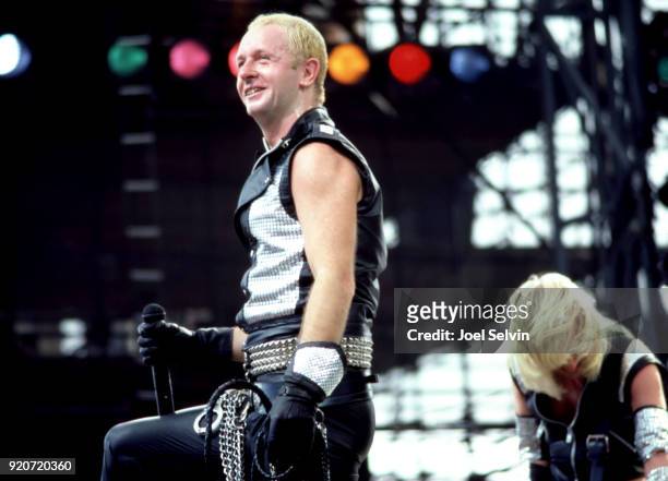 English singer and songwriter, Rob Halford and guitarist K. K. Downing, of the English heavy metal band Judas Priest, perform on stage during the...