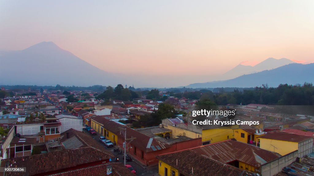 Landscape at City of Antigua - Guatemala with volcano