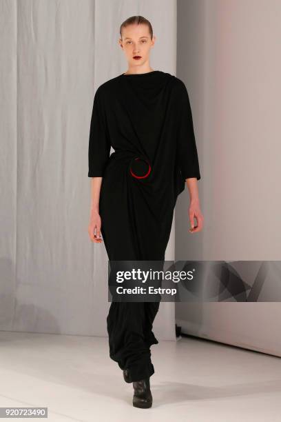 Model walks the runway at the Chalayan show during London Fashion Week February 2018 at Sadlers Wells Theatre on February 17, 2018 in London, England.