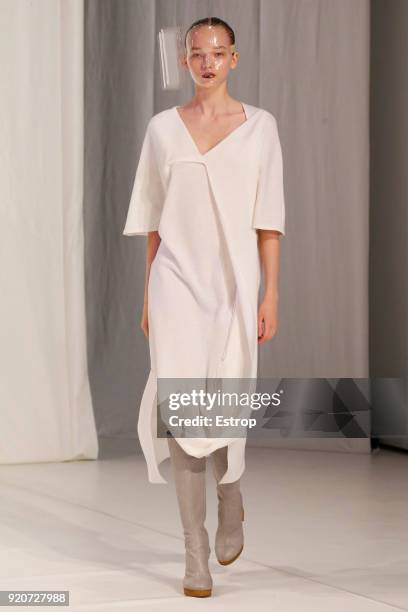 Model walks the runway at the Chalayan show during London Fashion Week February 2018 at Sadlers Wells Theatre on February 17, 2018 in London, England.