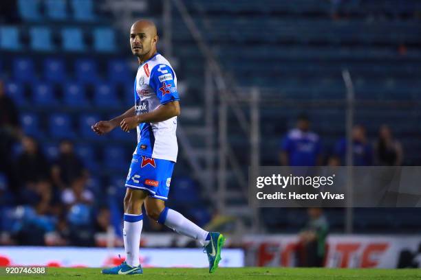 Francisco Acuna of Puebla celebrates after scoring the equalizer during the 8th round match between Cruz Azul and Puebla as part of the Torneo...