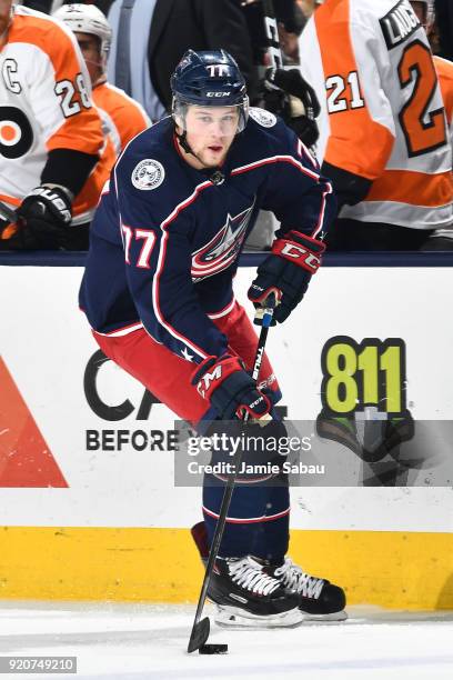 Josh Anderson of the Columbus Blue Jackets skates against the Philadelphia Flyers on February 16, 2018 at Nationwide Arena in Columbus, Ohio.