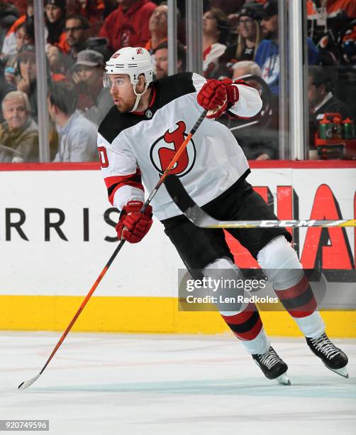 Jimmy Hayes of the New Jersey Devils skates against the Philadelphia Flyers on February 13, 2018 at the Wells Fargo Center in Philadelphia,...