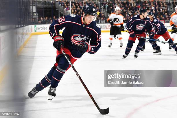 Markus Nutivaara of the Columbus Blue Jackets skates against the Philadelphia Flyers on February 16, 2018 at Nationwide Arena in Columbus, Ohio.