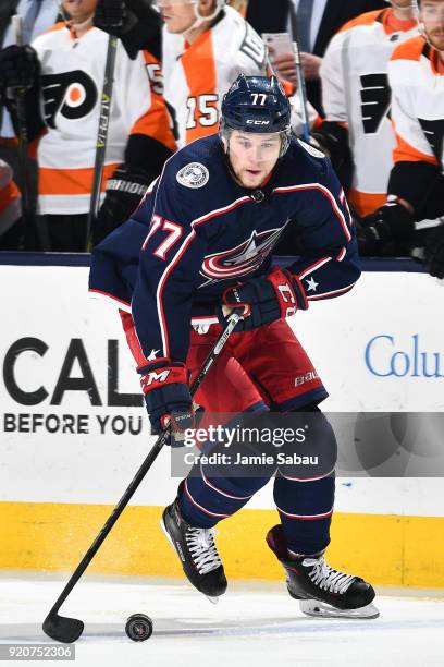 Josh Anderson of the Columbus Blue Jackets skates against the Philadelphia Flyers on February 16, 2018 at Nationwide Arena in Columbus, Ohio.