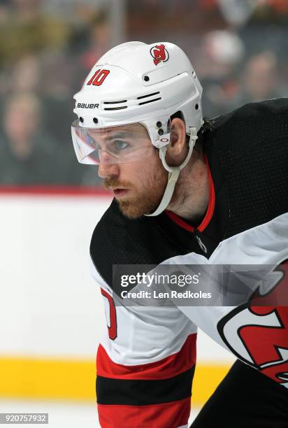 Jimmy Hayes of the New Jersey Devils looks on against the Philadelphia Flyers on February 13, 2018 at the Wells Fargo Center in Philadelphia,...