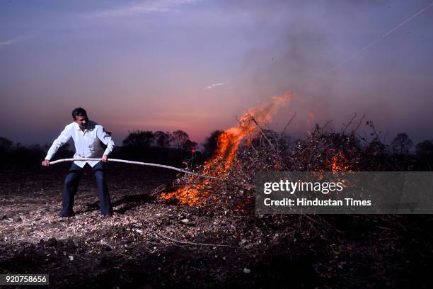 Ramdas Turi, a cotton farmer from Pandhari village in Yavatmal district burns his infected cotton crop cultivated over 6 acres on February 3, 2018 in...