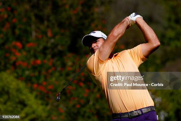 Sam Saunders tees off on the 4th Hole during the third round of the Genesis Open at the Riviera Country Club Golf Course on February 17, 2018 in...