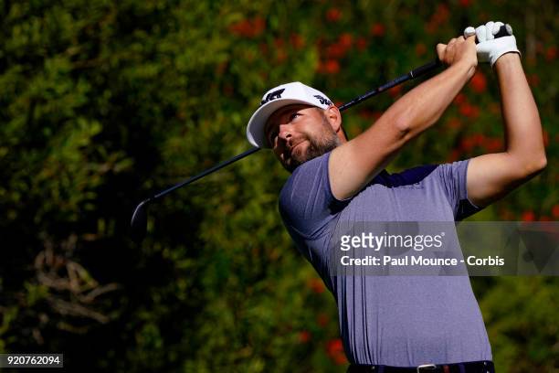 Ryan Moore tees off on the 4th Hole during the third round of the Genesis Open at the Riviera Country Club Golf Course on February 17, 2018 in...