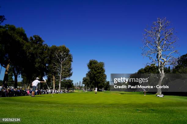 Derek Fathauer putts on the 12th Hole during the third round of the Genesis Open at the Riviera Country Club Golf Course on February 17, 2018 in...