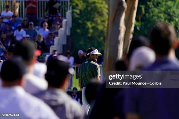 Bubba Watson watches his putt on the 14th Hole during the third round of the Genesis Open at the Riviera Country Club Golf Course on February 17,...