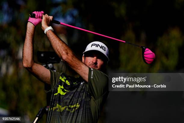 Bubba Watson tees off on the 15th Hole during the third round of the Genesis Open at the Riviera Country Club Golf Course on February 17, 2018 in...