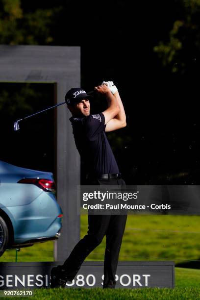 Paul Casey tees off on the 16th Hole during the third round of the Genesis Open at the Riviera Country Club Golf Course on February 17, 2018 in...