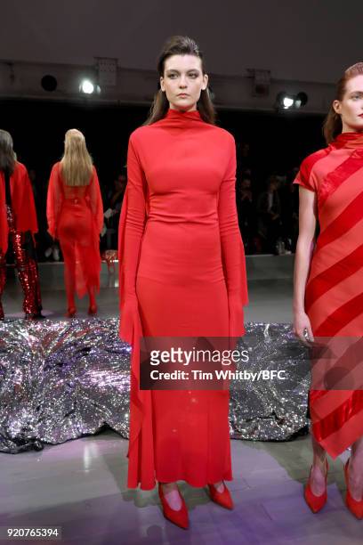 Model poses at the Paula Knorr Presentation during London Fashion Week February 2018 at BFC Show Space on February 19, 2018 in London, England.