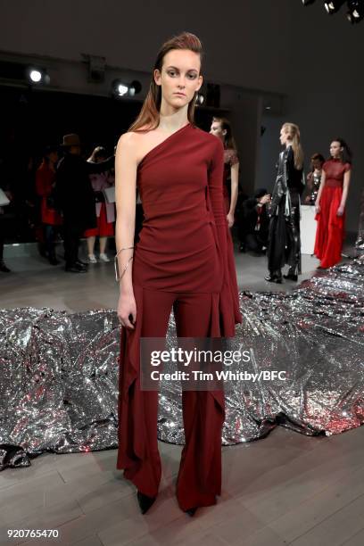 Model poses at the Paula Knorr Presentation during London Fashion Week February 2018 at BFC Show Space on February 19, 2018 in London, England.