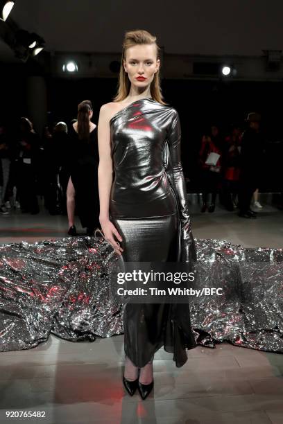 Model poses at the Paula Knorr Presentation during London Fashion Week February 2018 at BFC Show Space on February 19, 2018 in London, England.