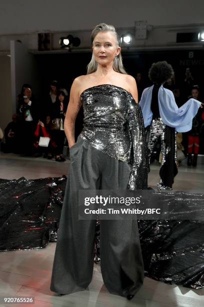 Model poses at the Paula Knorr Presentation during London Fashion Week February 2018 at BFC Show Space on February 19, 2018 in London, England.