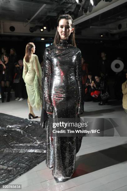 Model poses at the Paula Knorr Presentation during London Fashion Week February 2018 at BFC Show Space on February 19, 2018 in London, England.