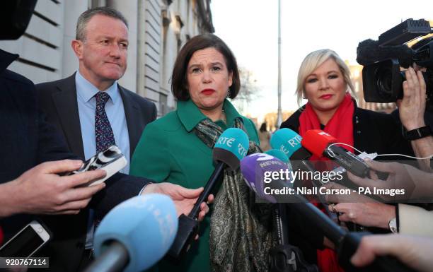 Sinn Fein's Conor Murphy, Mary Lou McDonald and Michelle O'Neill arrive at Government Buildings in Dublin for a meeting with Taoiseach Leo Varadkar.