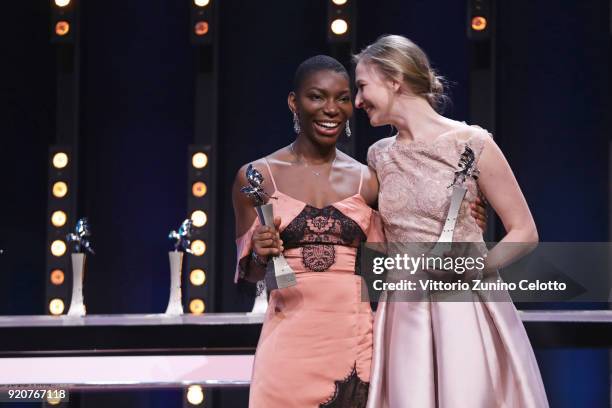 Michaela Coel and Reka Tenki receive the awards on stage at the European Shooting Stars 2018 award ceremony and '3 Days in Quiberon' premiere during...