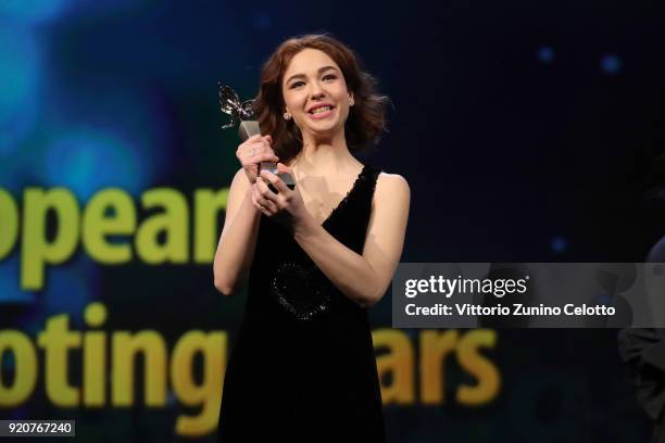 Matilda De Angelis receives the award at the European Shooting Stars 2018 award ceremony and '3 Days in Quiberon' premiere during the 68th Berlinale...