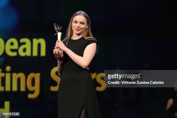 Luna Wedler receives the award at the European Shooting Stars 2018 award ceremony and '3 Days in Quiberon' premiere during the 68th Berlinale...