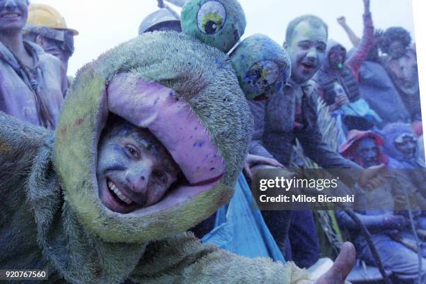 Local revellers celebrate 'Clean Monday' by throwing coloured flour at each other on February 19, 2018 in Galaxidi, Greece. Clean Monday, also known...