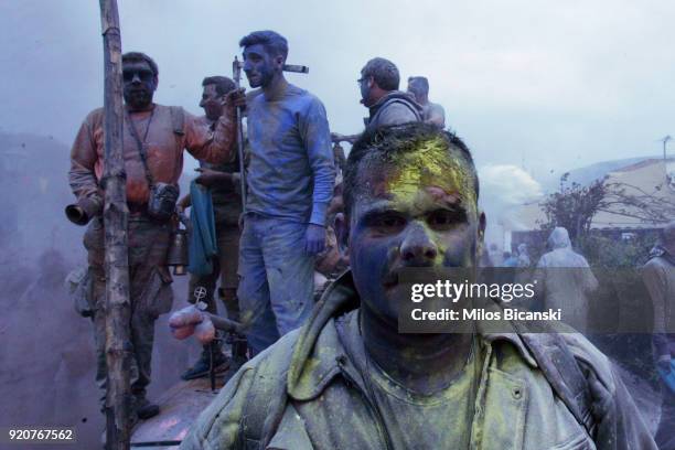 Local revellers celebrate 'Clean Monday' by throwing coloured flour at each other on February 19, 2018 in Galaxidi, Greece. Clean Monday, also known...