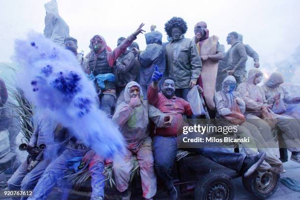 Local revellers celebrate 'Clean Monday' by throwing coloured flour at each other on February 19, 2018 in Galaxidi, Greece. Clean Monday, also known...