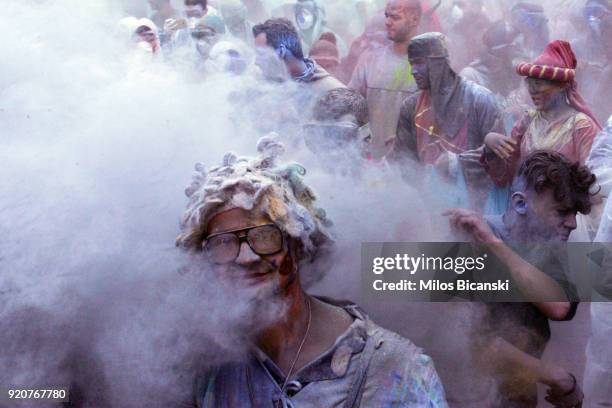 Local revellers celebrate 'Clean Monday' by throwing coloured flour at each other on February 19, 2018 in Galaxidi, Greece. Clean Monday, also known...