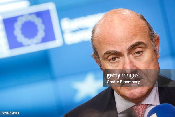 Luis de Guindos, Spain's economy minister, speaks to reporters following his confirmation as vice president of the European Central Bank, during a...