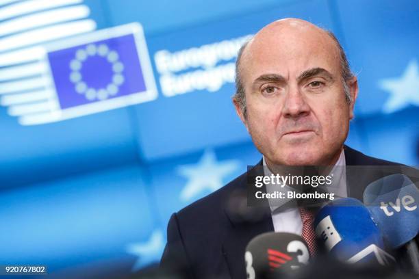 Luis de Guindos, Spain's economy minister, speaks to reporters following his confirmation as vice president of the European Central Bank, during a...