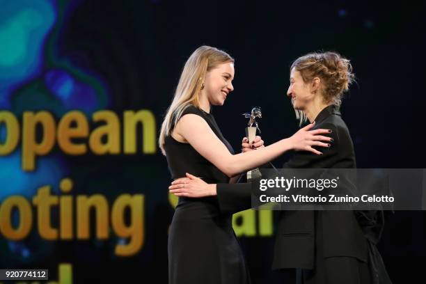 Luna Wedler accepts the award from Alba Rohrwacher on stage at the European Shooting Stars 2018 award ceremony and '3 Days in Quiberon' premiere...