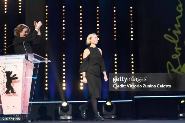 Jury Member Mijke de Jong and Alba Rohrwacher on stage at the European Shooting Stars 2018 award ceremony and '3 Days in Quiberon' premiere during...