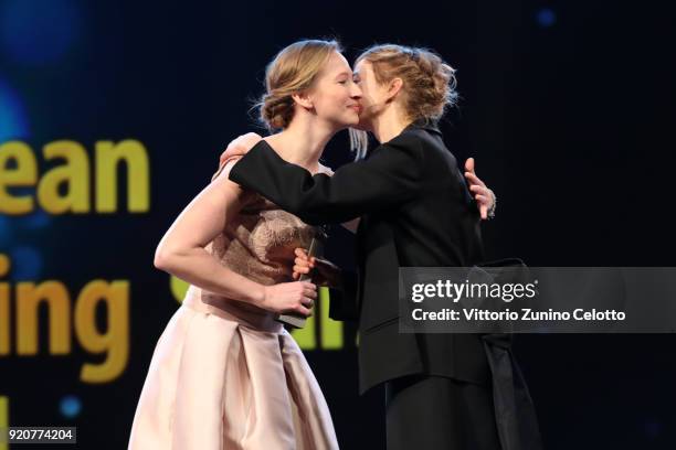 Reka Tenki accepts the award from Alba Rohrwacher on stage at the European Shooting Stars 2018 award ceremony and '3 Days in Quiberon' premiere...
