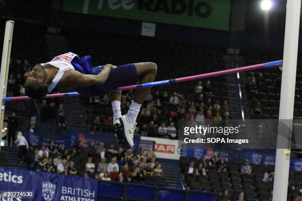 Chris Kandu of Enfield and Haringey competes during the High Jump at the British Indoor Championships in Birmingham.
