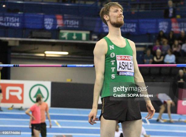 Sheffield's Matthew Ashley looks to the crowd after his jump at the British Indoor Championships Birmingham.