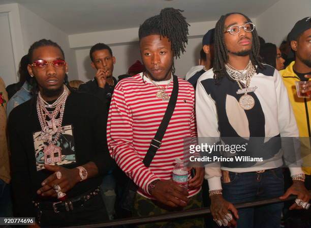 Offset, Alvin Kamara and Quavo attend All Star weekend Migos Album release Party at Boulevard3 on February 19, 2018 in Hollywood, California.