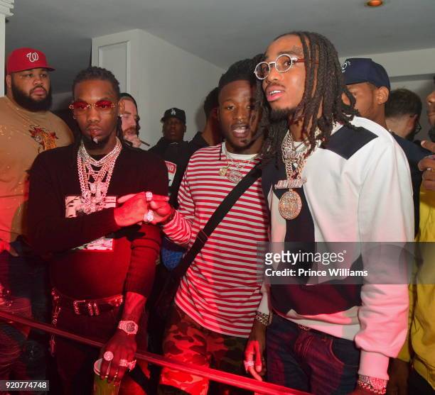 Offset, Alvin Kamara and Quavo attend All Star weekend Migos Album release Party at Boulevard3 on February 19, 2018 in Hollywood, California.
