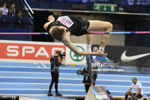 Ryan Webb competes during the Men's high jump at the British Indoor Championships in Birmingham.
