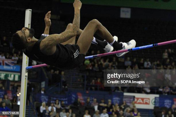 Mike Edwards of Birchfield Harriers competes and wins the high jump in Birmingham England during the British Indoor Championships in Birmingham.