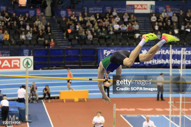 Adam Hauge hits the pole during the Pole Vault at the Arena Birmingham as he competes to become British champion.