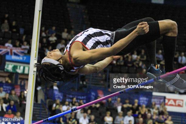 Shaftesbury and Barnet's Akin Coward jumps during the high jump in Birmingham England at the British Indoor Championships.