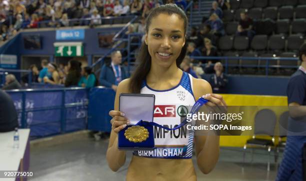 Great Britain's Morgan Lake poses with her medal after she won in the High Jump at the British National Indoor Championships in Birmingham.