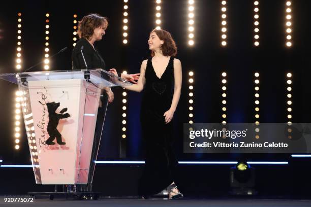 Jury Member Mijke de Jong and Matilda De Angelis are seen on stage at the European Shooting Stars 2018 award ceremony and '3 Days in Quiberon'...