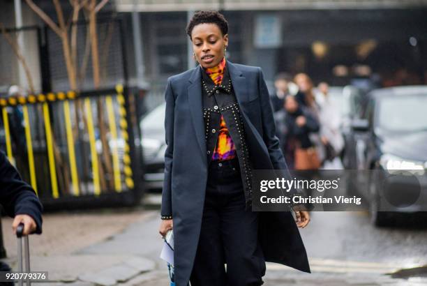 Donna Wallace seen outside Marques Almeida during London Fashion Week February 2018 on February 19, 2018 in London, England.